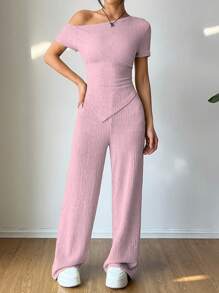 Flirla 2 Pieces Set: Casual Asymmetric Shoulder T-Shirt + Wide Leg Low Waist Pants - Pink - View 4