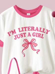 SHEIN 2pcs/Set Tween Girls Casual Bow Letter Graphic Short Sleeve T-Shirt & Loose Shorts Set, Summer