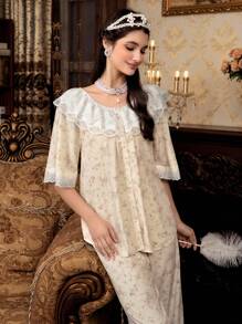 PalaceNights 2pcs Embroidery Trim Layered Collar Button Single-Breasted Ditsy Floral Top And Pants Pajama Set - Multicolor - View 1