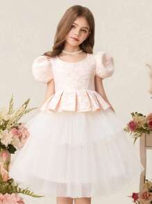 SHEIN Tween Girls' Palace-Style Elegant Dress With Jacquard Pattern, Satin And Layered Tulle Dress, Puff Sleeve Dress, Suitable For Birthday Party, Holiday, Banquet In Summer - Multicolor - View 1