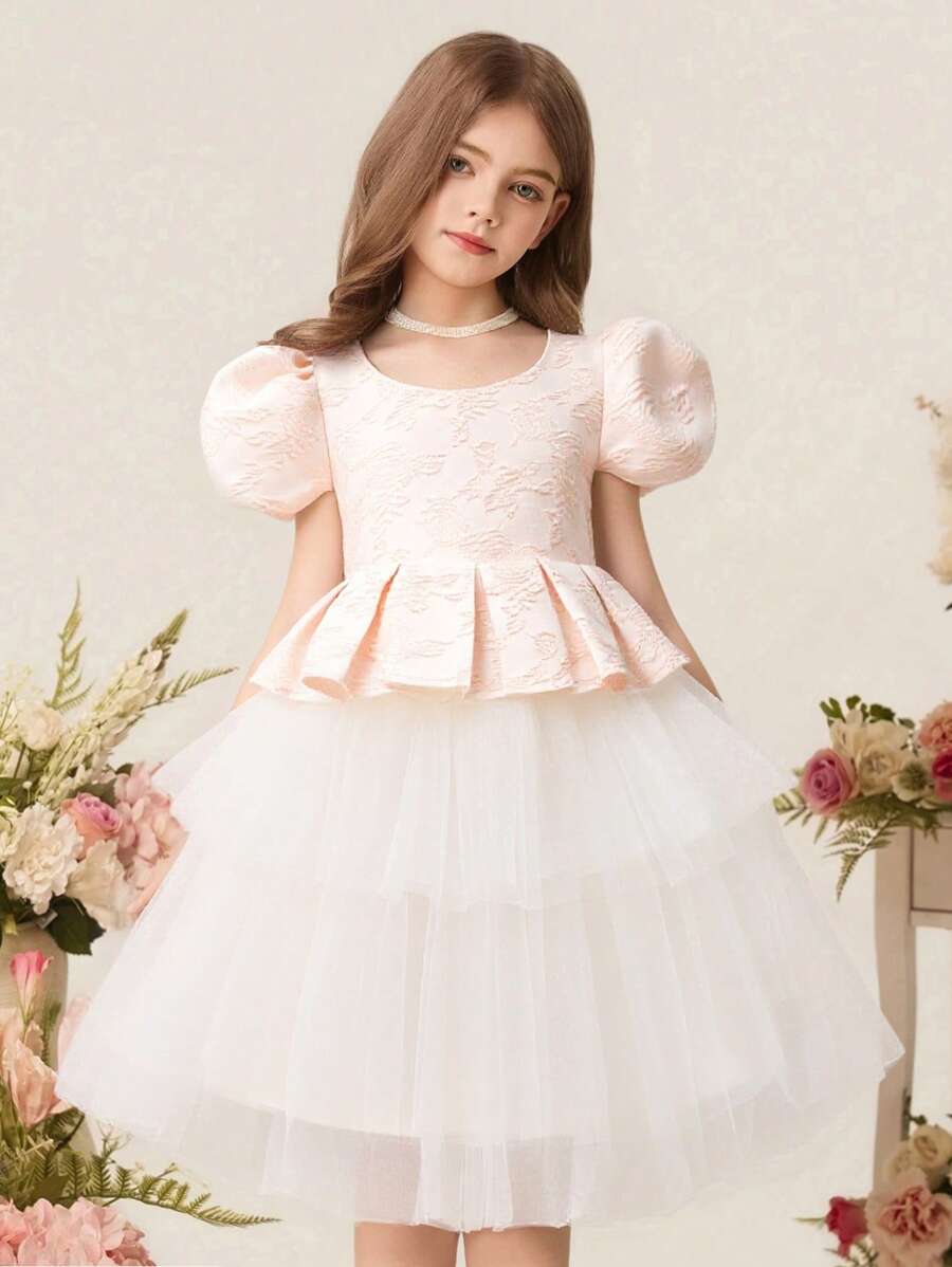 SHEIN Tween Girls' Palace-Style Elegant Dress With Jacquard Pattern, Satin And Layered Tulle Dress, Puff Sleeve Dress, Suitable For Birthday Party, Holiday, Banquet In Summer - Multicolor - View 1