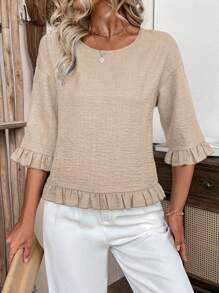 LanaWest Women's Spring/Summer Fashion Casual Linen Blouse, Loose Fit Dolman Sleeve Round Neck, Blue Woven Fabric With Sleeve & Hem Ruffle Details, Suitable For Vacation