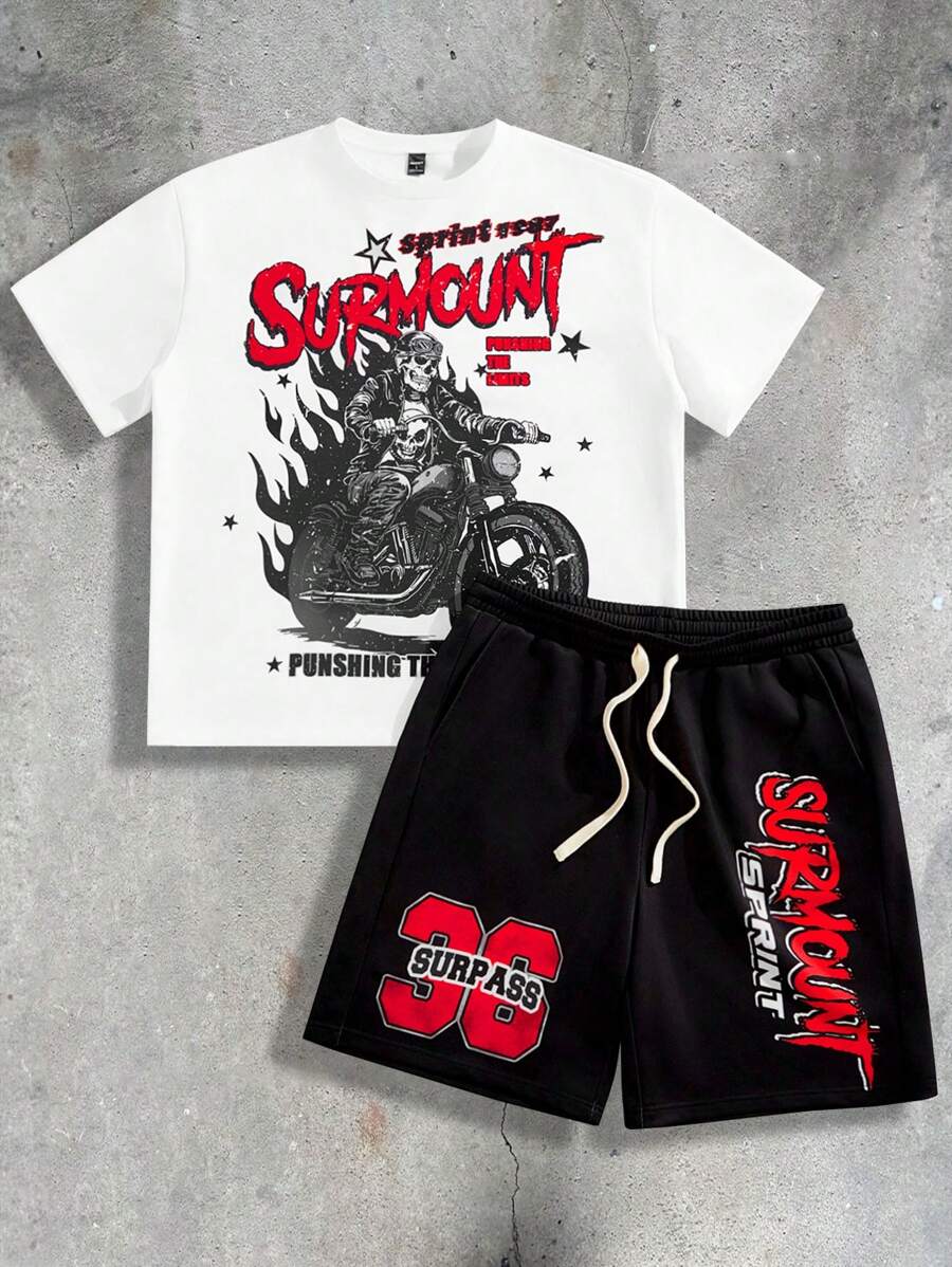 Manfinity VCAY Men Digital Print Loose Knit Short Sleeve T-Shirt Set - White - View 1