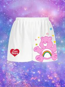 SHEIN X Care Bears Plus Spring Summer Vacation Casual Fairycore Sexy Y2K Sweet Coquette Kawaii Funny Street Retro White Cheer Bear & Dreamy Heart Cloud Cartoon Pattern Shorts For Rave Festival Club - White - View 1