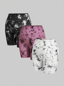 SHEIN Essnce Plus Size Women's Summer And Autumn New Fashion Casual Back To School Clothes Commuting Sports Jogging Tie-Dye Smudge-Dye 3-Piece High-Waisted Sweatpants Joggers Leggings Shorts - Dusty Pink - View 3