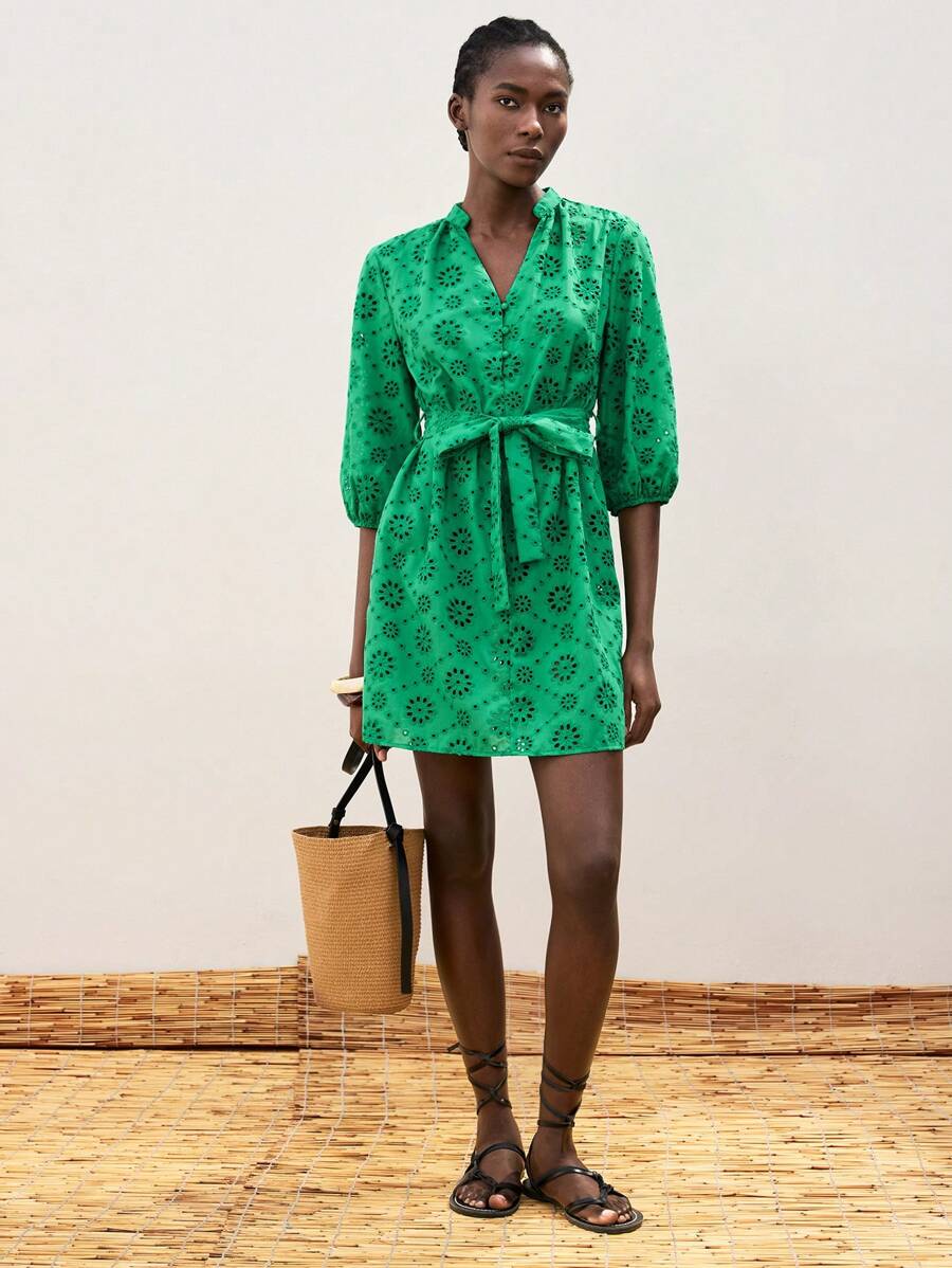 Maija 绿灯侠袖镂空刺绣腰带装饰夏季度假波西米亚风女士短裙，度假海滩休闲沙滩装，波西米亚风格Itsabirdi度假装，夏季多巴胺度假装，搭配度假风格，异国情调乡村音乐节西部风情沙滩装 - 綠色 - 查看 1