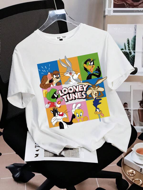 LOONEY TUNES X SHEIN Casual Loose Fit Round Neck Short Sleeve Women T-Shirt, Suitable For Summer