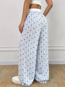 SHEIN EZwear Pantalon long à taille coulissante avec imprimé fraise et motif à carreaux blocs de couleurs - Bleu azur - Voir 2