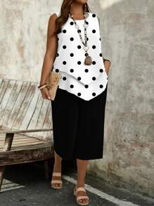 EMERY ROSE Plus Size Women Polka Dot Print Camisole And Shorts 2 Pieces Set, Casual Summer Outfit,Vacation/Spring - White - View 5