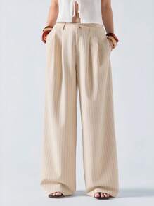 LYSMO Women's Loose-Fit Pinstripe Pants With Asymmetrical Waist Design - Cream - View 3