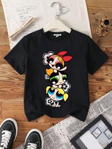 THE POWERPUFF GIRLS X SHEIN Tween-Mädchen Lässiges, süßes T-Shirt mit Blüten-, Blasen- und Butterblumenmuster, kurzärmelig, Sommer