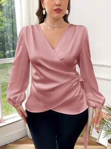 SHEIN Privé Plus Size Women Spring & Autumn Elegant Solid V-Neck Asymmetrical Pleated Pearl Beaded Ruffle Hem Casual Work Blouse Shirt, Long Sleeve Fall - Pink - View 3