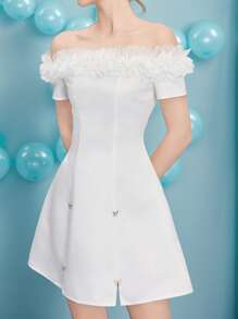 Poshira Vestido mini de mujer con hombros descubiertos y decoración de moño, vestido apropiado para invitada de boda, fiesta de noche y cumpleaños. Vestidos mini elegantes para mujer, vestidos de fiesta, vestidos lindos para mujer, vestido de fiesta para damas, vestidos de cumpleaños para mujer, vestidos de cóctel para mujer, vestido de graduación