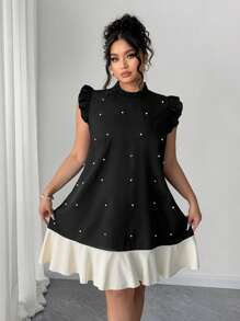 Elenzga Plus Size Fashionable Casual Colorblock Ruffled Pearl Trim Midi Dress - Black - View 6