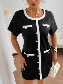 Flirla Robe mini ajustée à col rond, à décorations de fausses poches et boutons devant, manches courtes, style élégant et minimaliste pour femmes grandes tailles, printemps et été