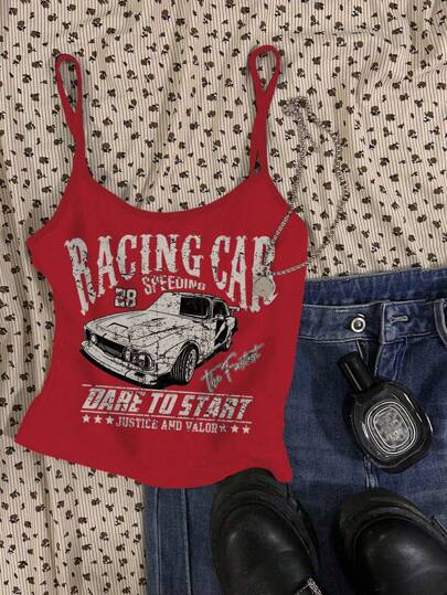 Attitoon 여성용 빈티지 자동차 프린트 레드 캐주얼 섹시 캐미솔, 여름에 적합