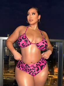 Swim SXY Conjunto de bikini de 3 piezas con estampado de leopardo talla grande para la playa en verano