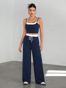 SHEIN Tall 2pcs/Set Contrast Color Camisole & Drawstring Waist Casual Pants Outfit - Navy Blue - View 3