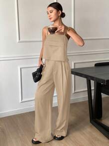 DAZY Bộ đồ mặc nhà mùa xuân/hè dành cho nữ, gồm áo không tay dáng suông và quần ống rộng xắn gấu. - Màu Khaki - Xem 5