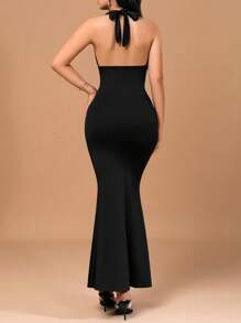 SHEIN Tall Vestido de punto ajustado con escote de halter y silueta de sirena, en unicolor, para primavera/verano - Negro - Ver 2