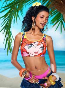 Winx Club X ROMWE Top corto de verano con gráfico de figura para mujer - Multicolor - Ver 1