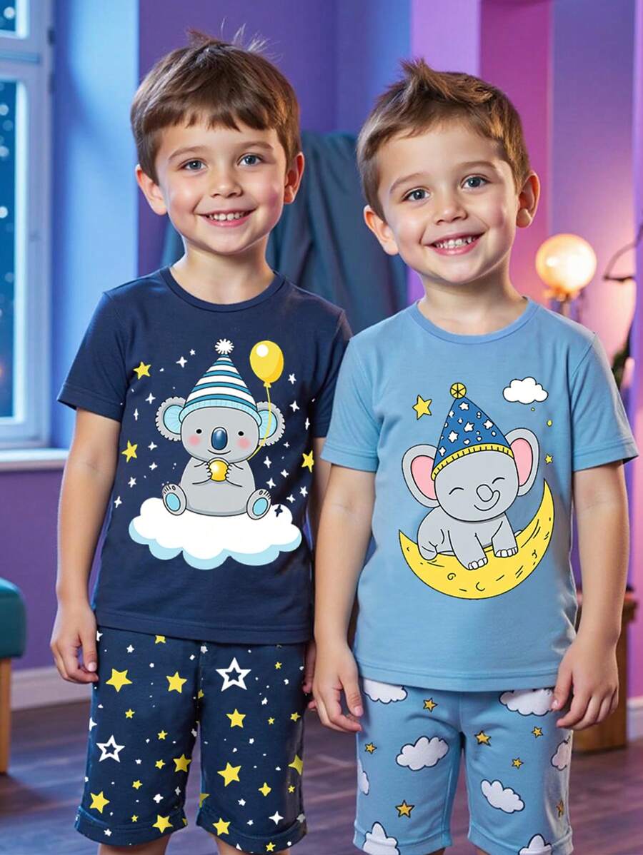 Tween Boys 夜光可爱大象印花多色圆领短袖和短裤 4 件套贴身睡衣套装,夏季 - 彩色 - 查看 1