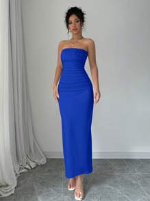 Elenzga 女士优雅高端外出、通勤、派对粉色露肩褶皱 3D 花卉修身开衩连衣裙新年服装长款女装 - 寶藍色 - 查看 5