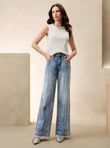 Anewsta 女士镶钻宽松修身直筒牛仔裤 - 藍色 - 查看 4