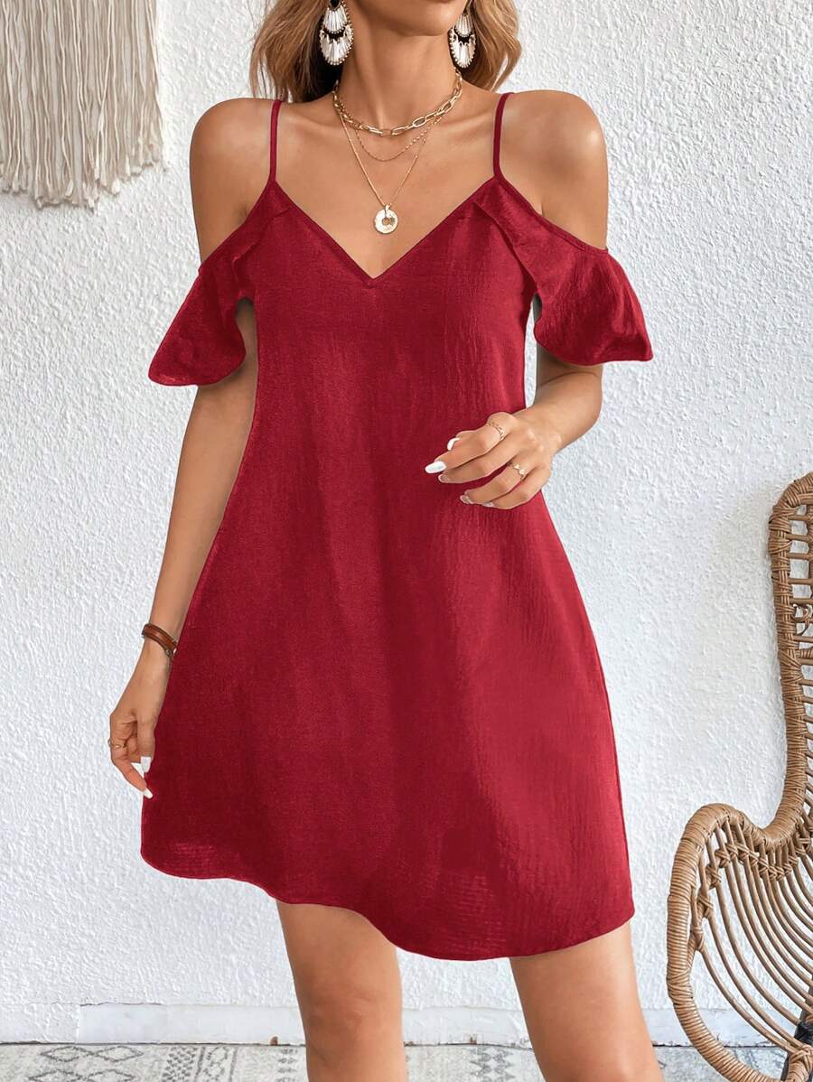SHEIN VCAY Vestido casual recto y holgado con hombros abiertos de unicolor para vacaciones - Burdeos - Ver 1