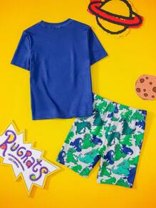 Nick 90s | SHEIN Conjunto de pijama con estampado de dinosaurio en bloques de color para niño, primavera/verano