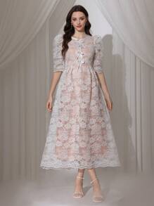 Modelyn Vestido elegante con cuello redondo, lazo frontal y decoración de encaje, de moda para primavera/verano