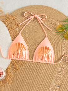 SHEIN Swim 女士海滩挂脖系带贝壳印花比基尼上衣，夏季度假 - 粉色 - 查看 1