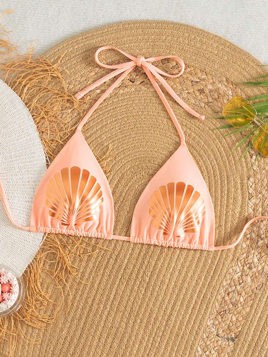 SHEIN Swim 女士海滩挂脖系带贝壳印花比基尼上衣，夏季度假 - 粉色 - 查看 1