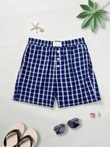 Manfinity VCAY Unisex Casual Woven Patch Faux Placket Badge Decoration Waist Straight Shorts, Suitable For Daily Wear - Blue - View 1