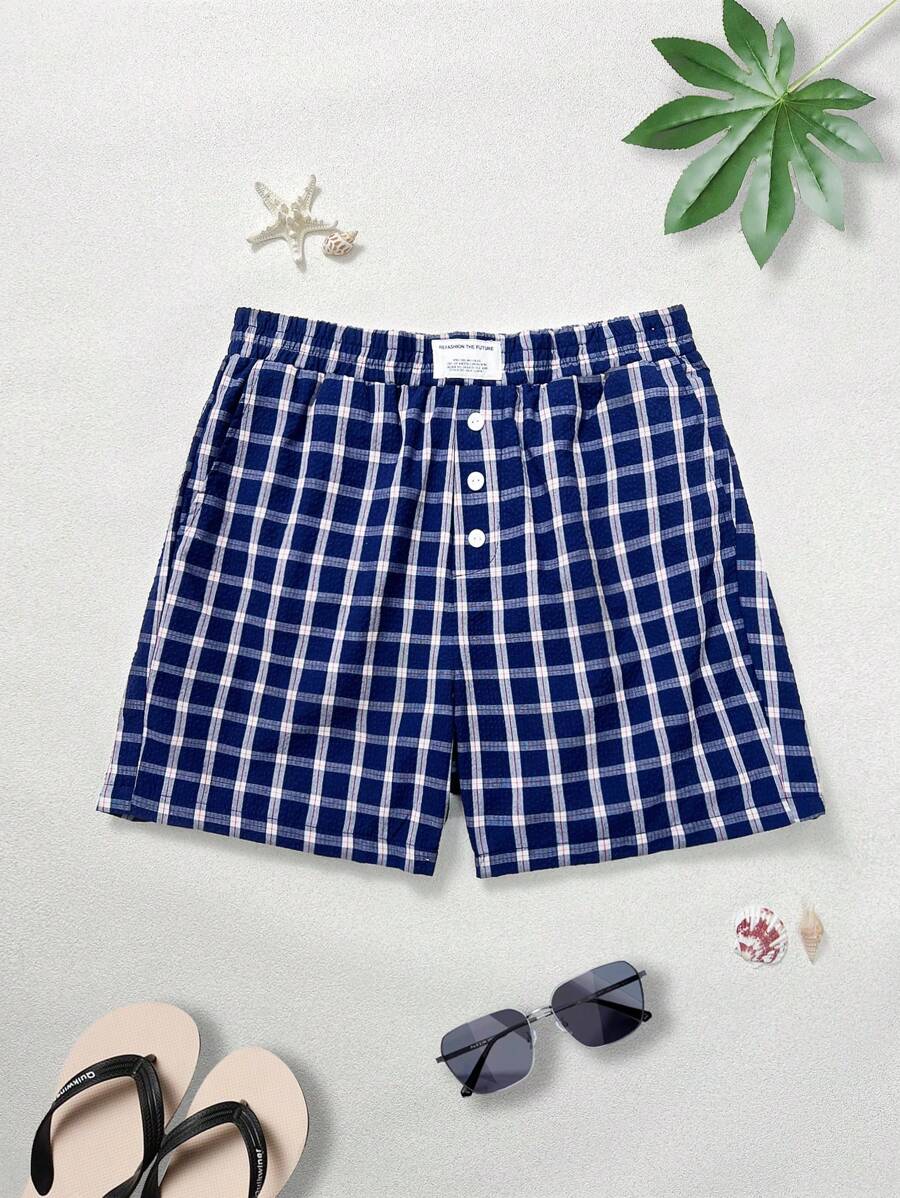 Manfinity VCAY Unisex Casual Woven Patch Faux Placket Badge Decoration Waist Straight Shorts, Suitable For Daily Wear - Blue - View 1