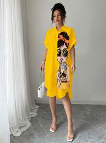 Chiquease Summer Casual People Pattern Front Button Up Shirt Dress - Multicolor - View 5