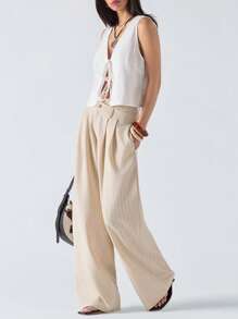 LYSMO Women's Loose-Fit Pinstripe Pants With Asymmetrical Waist Design - Cream - View 4