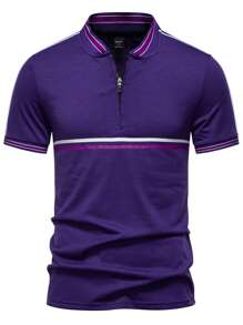 Manfinity Mode Men's Striped Short Sleeve Casual Commuting Polo Shirt Polo Shirt For Men Polo For Men - Purple - View 4