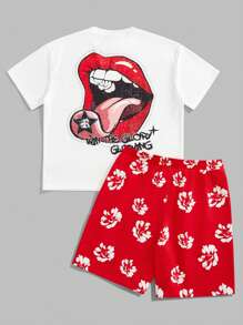 Manfinity VCAY Men's Digital Print Mouth Design Loose Knit Short Sleeve T-Shirt Set - Red - View 1