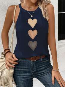 SHEIN LUNE 女士休闲心形印花海军蓝圆领背心，适合夏季