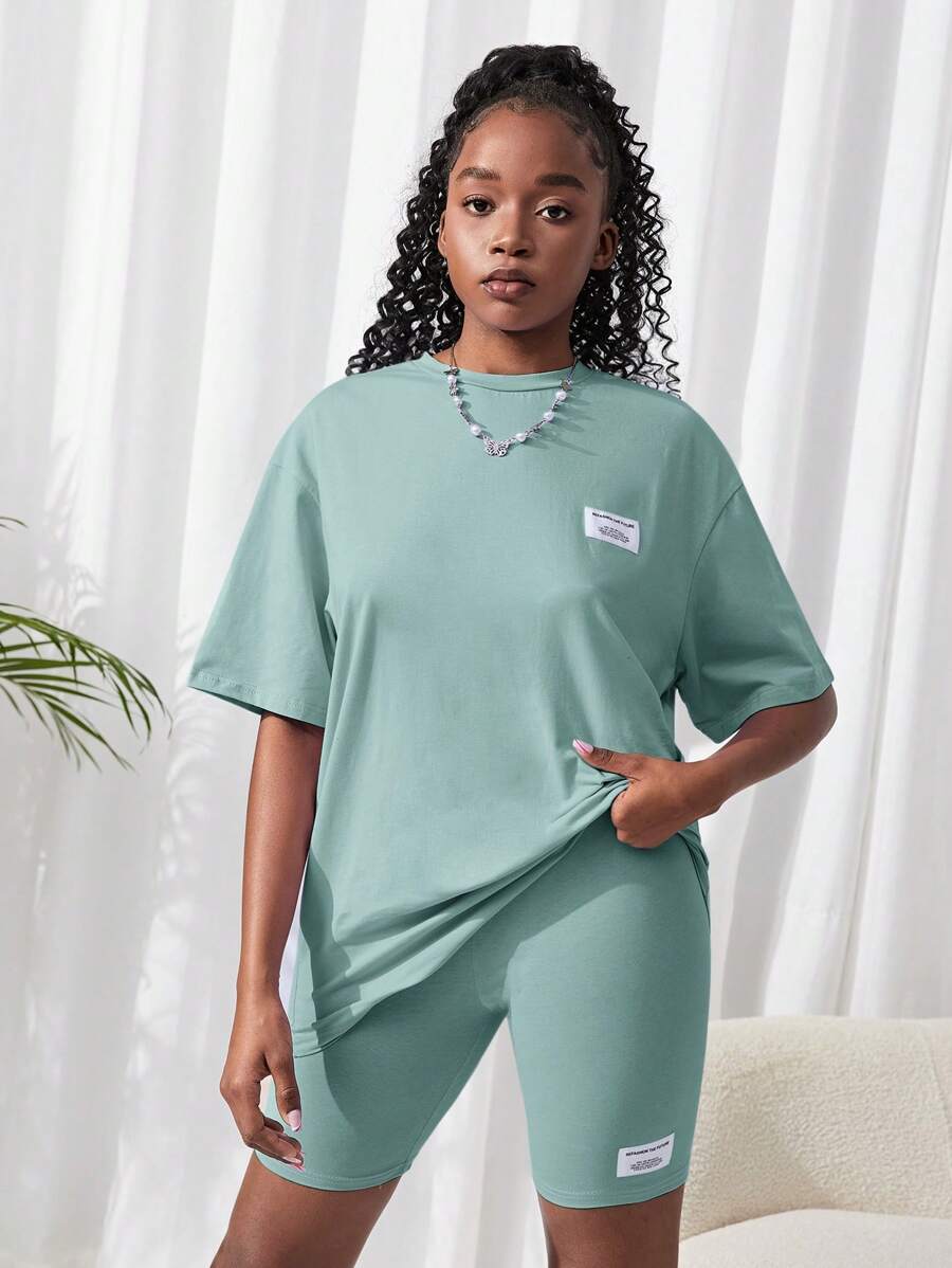 SHEIN 2pcs Teen Girl Plain Knit T-Shirt And Shorts Set, Green - Green - View 1