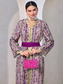 Al Najma 女士花卉印花 V 领长袖优雅阿拉伯风格连衣裙，端庄