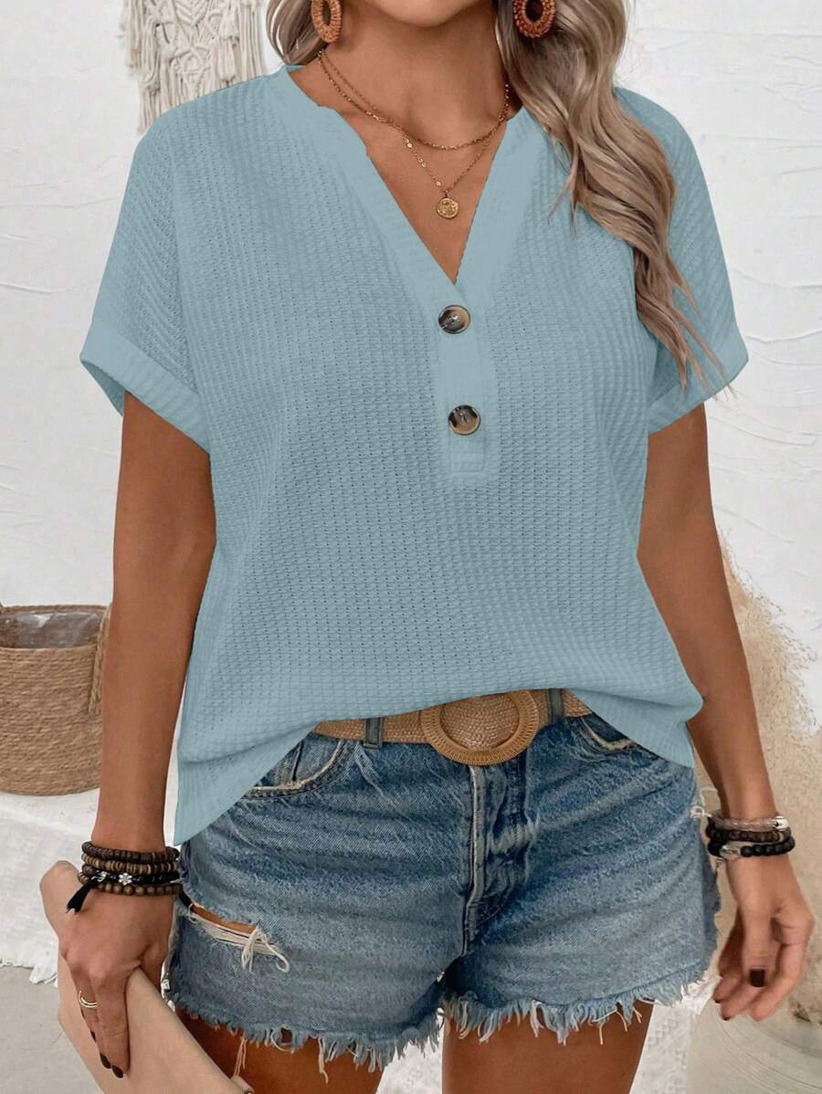 SHEIN 2025 新款大码女式休闲 V 领纽扣肩袖海盐绿色短袖 T 恤 - 藍色 - 查看 1
