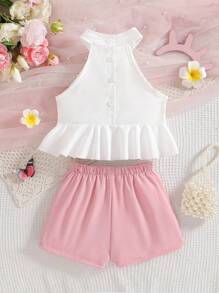 2pcs Girl's Sweet Elegant Asymmetrical Ruffles White Top & Versatile Pink Shorts Set - Multicolor - View 2