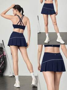 GLOWMODE Cool Feel Tummy Control Asymmetrical Skirt With Built-In Shorts Side Pockets Non-Slip Grips Tennis Golf Gym Daily Casual - Dark Blue - View 9