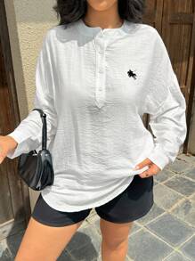 INAWLY Plus Size Casual Veelzijdig Effen Kleur Lange Mouw Shirt
