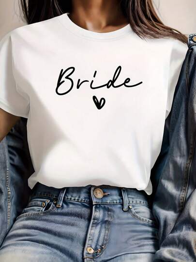 T-shirt i "Bride"-mönster för kvinnor - Casual Slim Fit, Kort ärm, Rundhalsad, Polyester, Lämplig för våren/sommaren, Bride Shirt