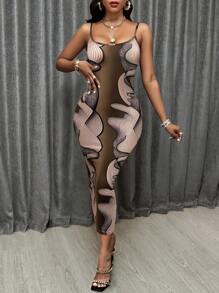 SOLERSUN 女士条纹印花长款修身吊带连衣裙（印花图案随机）适合新年服装长款女装 - 棕色 - 查看 4