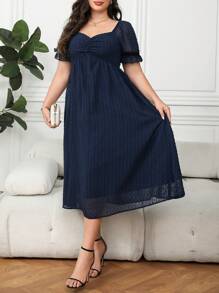 SHEIN Clasi 大码女式褶皱泡泡袖 A 字型优雅连衣裙 - 藏蓝色 - 查看 7