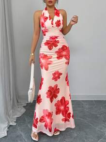 Rafferiza 优雅紧身高领鱼尾长款针织网眼印花全衬里女式连衣裙，春夏 - 彩色 - 查看 4